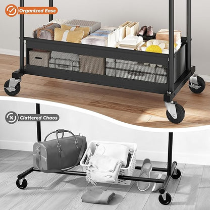 Clothes Rack, Double rods clothing rack, Clothing Racks for hanging clothes, Rolling clothes rack with Storage Basket & Heavy Duty Wheels, garment rack for Bedroom, Laundry Room, Black