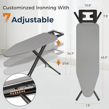 BEWISHOME Foldable Ironing Board, Compact Iron Board with 7 Adjustable Heights and Safety Iron Rest, Ironing Stand with Cover and Pad for Heat Resistance, for Laundry Room 43" X 13" Grey KYB01B