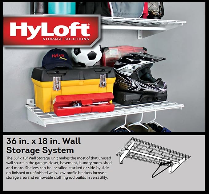 Hyloft Heavy Duty Steel Wall Garage Shelving, 36 in. x 18 in. Adjustable Wall Shelves for Garage Storage, Includes Hanging Rod, Max Shelf Load 200 Pounds, Item 777, 2-Pack, White