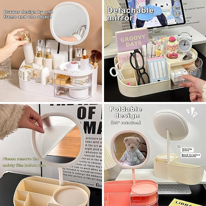 DASITON Makeup Organizer with Rechargeable Mirror,Makeup Brush Holder with 2 Drawers,Skincare and Cosmetics Organizer Countertop,Large Capacity Cosmetic Display Case for Vanity,Bedroom,Bathroom(White)