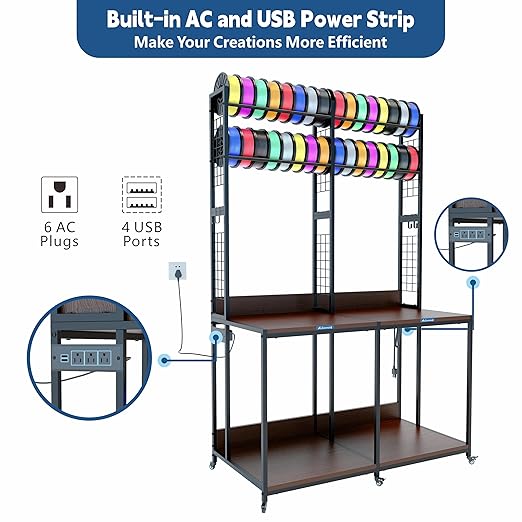2025 Upgraded Dual 3D Printer Stand with Filament Storage Workstation, Extended Storage Mobile 3D Printer Table Workbench, AC/USB Power Hub for Studio Workshop