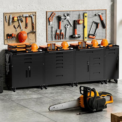 Metal Garage Storage Cabinet with Wheels, Rolling Tool Cabinet with 3 Drawers and 2 Doors, Heavy Duty Tool Cabinet with Workbench, Assembly Required, Black