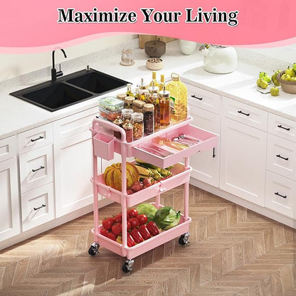 3 Tier Rolling Cart with Drawer, Bathroom Storage Organizer with 2 Lockable Wheels, Multifunctional Rolling Storage Cart for Bathroom, Kitchen, Office, Craft, Makeup, Baby Essentials, Pink