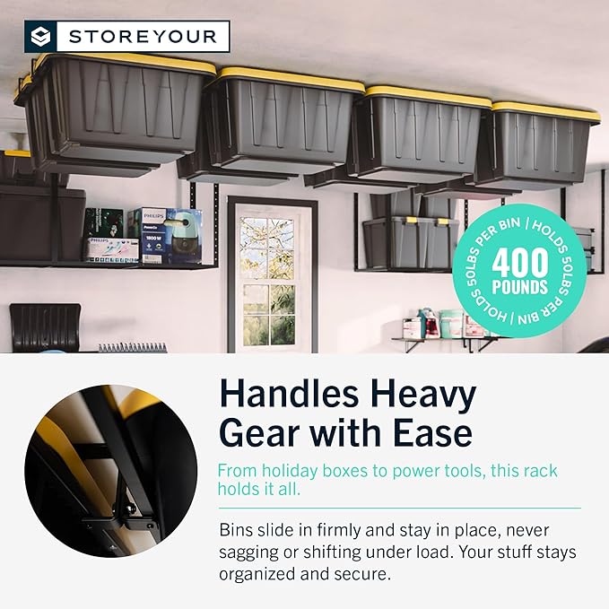StoreYourBoard Overhead Tote Loft Bin Rail System - Garage Ceiling Bin Rack for Garage Storage - Adjustable Tote Slide Rails - Organization and Storage for 8 Bins - Black