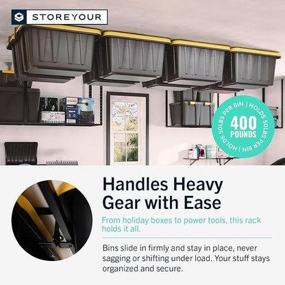 StoreYourBoard Overhead Tote Loft Bin Rail System - Garage Ceiling Bin Rack for Garage Storage - Adjustable Tote Slide Rails - Organization and Storage for 8 Bins - Black
