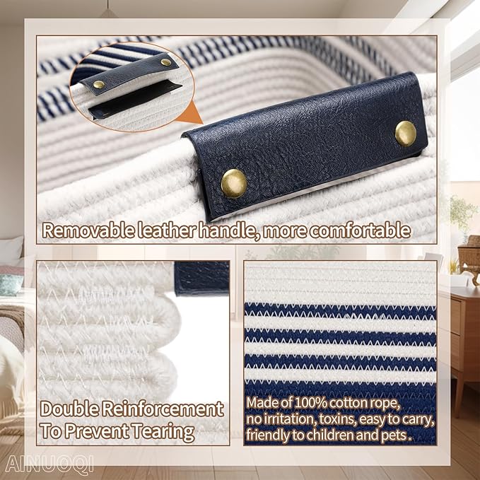 Large Laundry Basket - Tall Woven Rope Laundry Hamper with Leather Handles - Dirty Clothes hamper for Living room, Bedroom, 17" X 13.8" X 22", Dark Blue & White