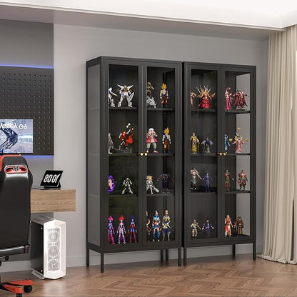 Display Cabinet with 3 Side Tempered Glass, 66" Tall Curio Cabinet with Glass Doors, Black Display Case for Collectibles, Metal Storage Cabinet & Bookcase for Living Room, Assemble Required