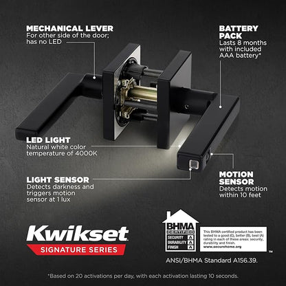 Kwikset Halifax LED Motion Activated Light Up Passage Door Lever for Closet and Hallway Doors, Reversible Non-Locking Handle Lever, Matte Black, with Microban Protection