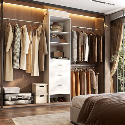96'' Closet Organizer System with 3 Hanging Rods, 8FT Closet Organizers and Storage with 3 Wooden Drawers, Built in Closet Organizer Systems, Adjustable Walk-in Wardrobe from 5-8FT, White