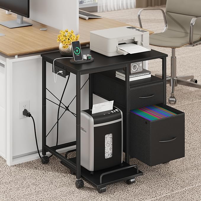 YAOHUOO Printer Stand with Power Outlet/Fabric Drawers, Printer Cabinet with Storage Shelf and Rolling Shredder Stand, Printer Table for Home Office, 25.6"×17.7" Black