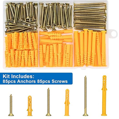 Aovchei Drywall Anchors Kit, 170pcs, 85 Plastic Drywall Anchors and 85 Philips Flat Head Screws, 3 Size #6 * 30#6 * 40#6 * 60, Wall Hanging Kit for Hanging Picture Frame, Shelf Brackets, Curtain Rod