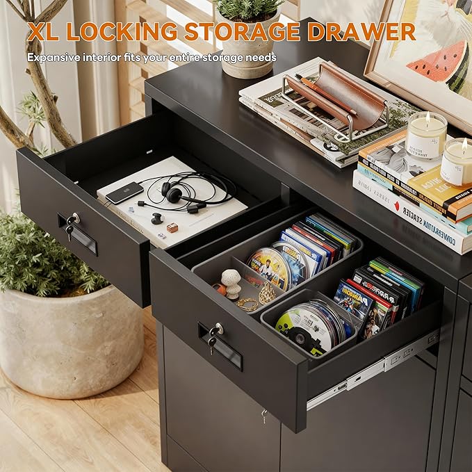 BESFUR Metal Garage Storage Cabinet with Two Lockable Drawers 2 Locking Doors and an Adjustable Shelf, 36" Black Metal Short Storage Cabinet for Home Office,Garage,School,Utility Room