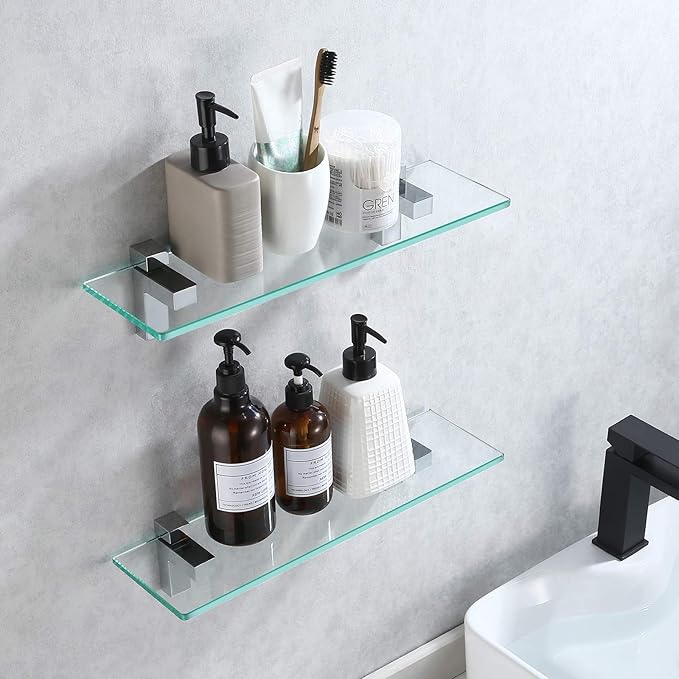KES Glass Shelves for Bathroom, Bathroom Tempered Glass Shelf Rectangle 16 Inch Bracket Wall Mount 2 Pack Polished Chrome, BGS3201S40-P2
