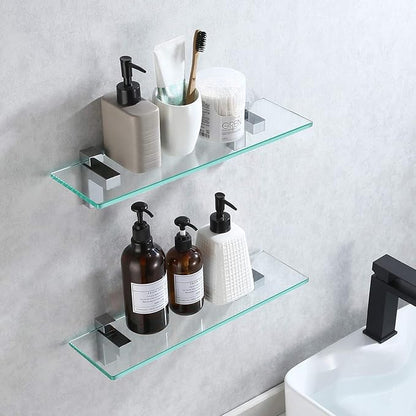 KES Glass Shelves for Bathroom, Bathroom Tempered Glass Shelf Rectangle 16 Inch Bracket Wall Mount 2 Pack Polished Chrome, BGS3201S40-P2