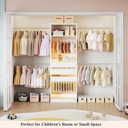 Closet System, 4-8FT Closet Organizer with 3 Wood Drawers & Glass Top, 102'' Walk in Closet with 5 Hang Rods & LED Lights & Trouser Rack, Built-in Wardrobe Clothes Rack with Shelves and Tower, White