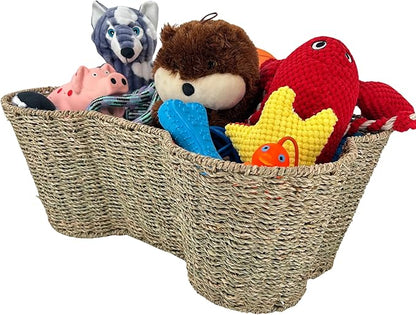 Dog Toy Basket, Seagrass Bone Shaped Dog Toy Bin, Handmade Pet Organizer And Storage, Toy Box for Cats (Large (22x14))