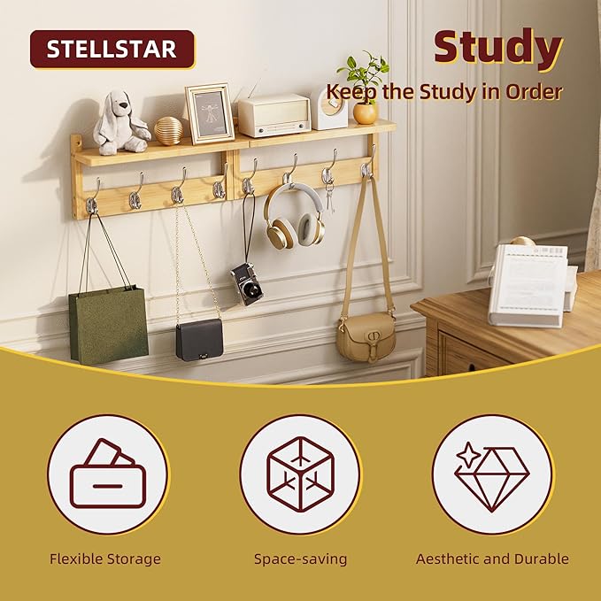 Coat Rack with Shelf, 2 Pack Bamboo Wall-Mounted Coat Hanger with 8 Hooks for Entryway, Hallway, Kitchen, Bathroom, Living Room, Utility Room (Natural)
