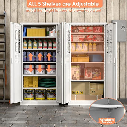 Metal Storage Cabinet with 5 Adjustable Shelves and Pegboard, 71" H White Garage Storage Cabinet with Doors, Metal File Cabinet for Garage,Home, Office, White, Assembly Required