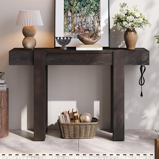 Rustic Minimalist Console Table with Hidden Drawer, Wood Entryway Table with Side Power Outlet for Entryway, Living Room and Home Office (Espresso-X210)