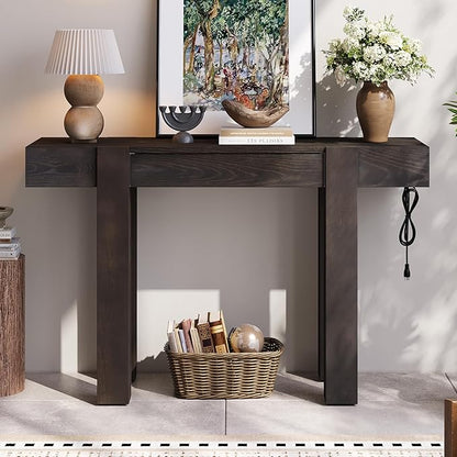 47" Rustic Minimalist Solid Wood Sofa Table Console, Modern Table with Hidden Drawer, Hallway Desk with Side Power Outlet for Entryways Living Rooms Home Offices, Espresso