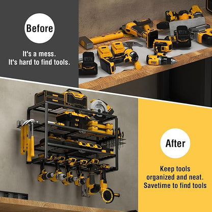 YYR 4 Layer Power Tool Organizer Wall Mount, Cordless Drill Hanger Storage Rack, Battery Tools Holder with Charging Station Shelf for Garage Organization, Workshop, Pegboard, Shed - 24 Inch 6 Slots