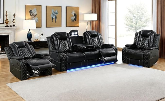 Black Leather Power Recliner Sofa and 2 Chairs Sets with Arm Storage and LED, Leather Living Room Reclining Sofa with Read Lights, Power Recliner Chair with Cup Holders for Home/Office