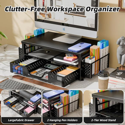 Simple Trending Desk Organizer and Accessories, 2-Tier Computer Monitor Stand Riser with Drawer and 2 Pen Holders for Office Supplies, Black