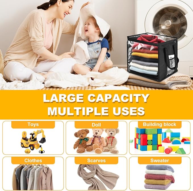 4 Pack Clear Toy Storage Bin with Lids - 12" x 12" Storage Cube Bin Foldable PVC Boxes with Handles, Storage Organizers for Toys, Clothes, Blocks, Stuffed Animal Storage(Black)
