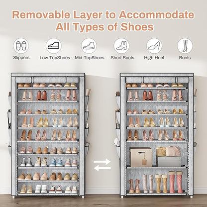 Shoe Rack with Cover, 10 Tier Shoe Organizer Storage for 40-50 Pairs Sneaker and Boots, Large Capacity, with 8 Pockets, Free Standing Tall Shoe Rack for Front Door Entrance, Closet, Printing