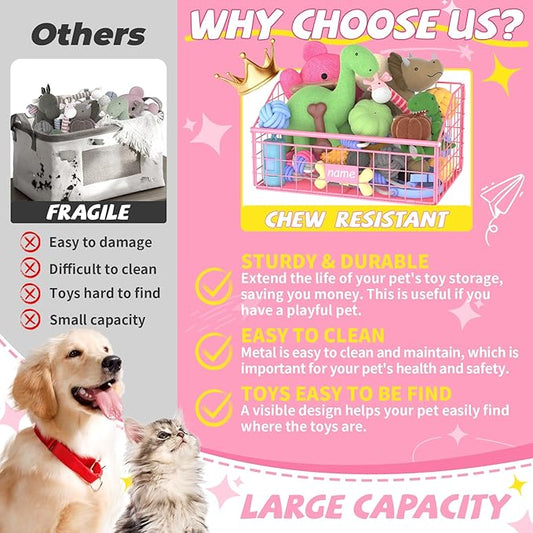 Indestructible Dog Toy basket, Small Toy Box for Dogs, Pet Toy Bin Dog Metal Basket for Toys, Toy Storage Organizer,Dog Toy Box for Living Room Area(Pink)