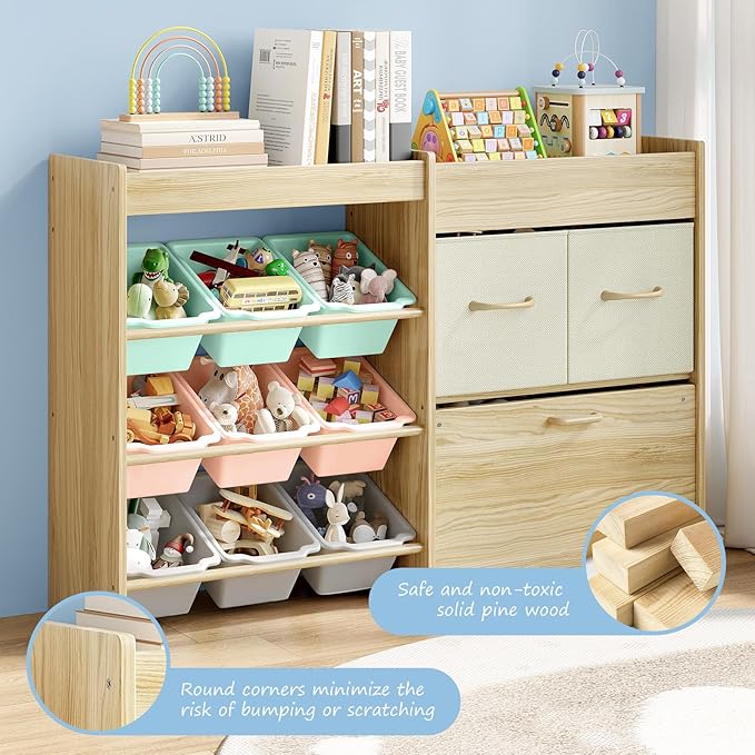 Toy Storage Organizer for Kids, 9-Bin Toy Organizer with 2-Drawers,Movable Toy Chest and Top Rack, Kids Bookshelf and Toy Storage for Playroom, Bedroom, Nursery, Multi-Color