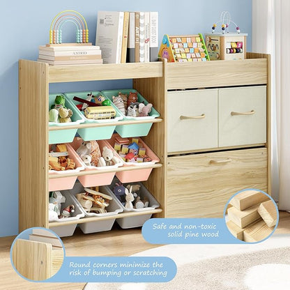 Toy Storage Organizer for Kids, 9-Bin Toy Organizer with 2-Drawers,Movable Toy Chest and Top Rack, Kids Bookshelf and Toy Storage for Playroom, Bedroom, Nursery, Multi-Color