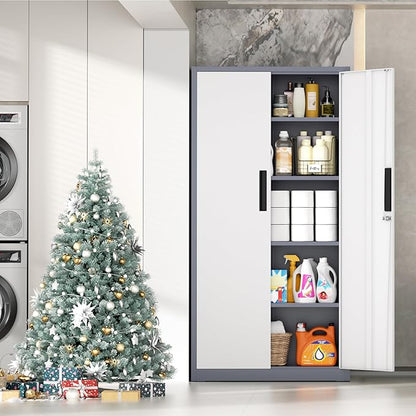 INTERGRAET 63" Pantry Cabinet, Kitchen Pantry Storage Cabinets with 2 Doors and 4 Shelves,Gray White Metal Storage Cabinet,Cupboard for Home,Kitchen,Living Room/Dining