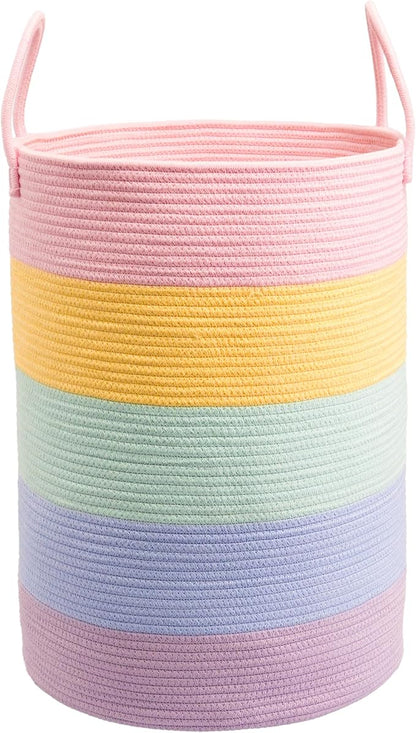 Rope Laundry Basket Hamper for Kids Girl Woven Storage Basket for Living Room Bedroom Boho Tall Baskets for Blanket Toys Pillow Towels Baby Nursery Hamper Bin rainbow Large