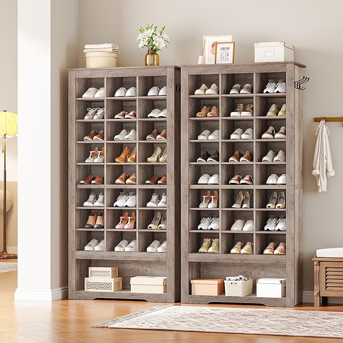 HOOBRO Tall Shoe Cabinet Set of 2, 9 Tier Shoe Storage Cabinet, Freestanding Wooden Shoe Organizer with 24 Cubbies and 3 Hooks, for Entryway, Closet, Living Room, Greige BG24SCP201