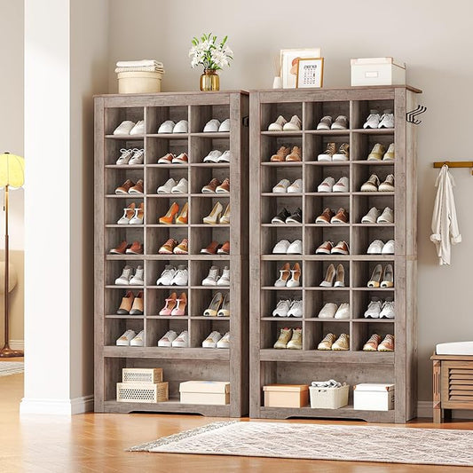 HOOBRO Tall Shoe Cabinet Set of 2, 9 Tier Shoe Storage Cabinet, Freestanding Wooden Shoe Organizer with 24 Cubbies and 3 Hooks, for Entryway, Closet, Living Room, Greige BG24SCP201