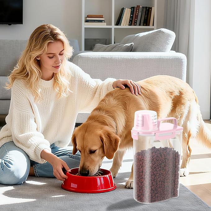 3-5Lbs Airtight Small Cat Dog Pet Food Storage Containers BPA Free, with Large Pour Spout/1 Measuring Cup/ 4 Safety Locks and Double-layer Silicone Strip (Pink 2Pack)