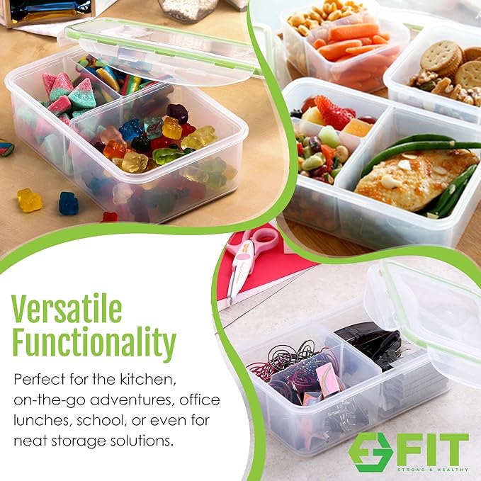 FIT Strong & Healthy Bento Lunch Box & Meal Prep Containers, Food & Snack Storage for Adults & Kids, Microwave, Freezer, & Dishwasher Safe, Reusable, Airtight Lid, Removable Compartments, 39oz, 6 Pack