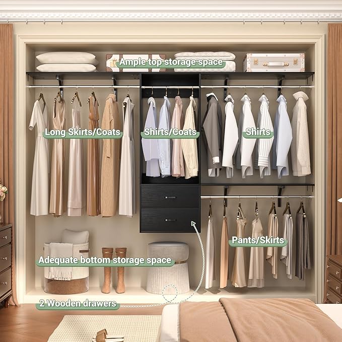 Cyclysio 8 FT Hanging Closet Organizer System, 96 Inch Closet System with Drawers, Walk in Closet System with 4 Adjustable Rods and 3 Shelving Towers for 4-8FT Spaces(Cut-to-Fit), Black