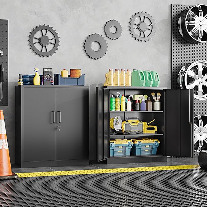 36" H Metal Storage Cabinet, Black Metal Cabinet with 2 Lockable Doors and 2 Adjustable Shelves, Garage Storage Cabinet for Home Office, Garage, School, Apartment, Warehouse
