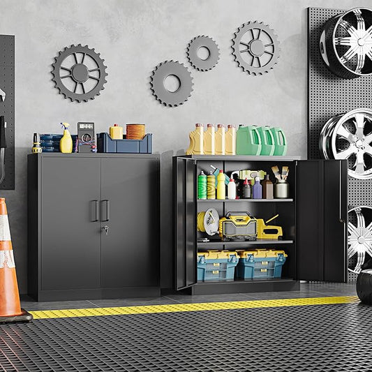 36" H Metal Storage Cabinet, Black Metal Cabinet with 2 Lockable Doors and 2 Adjustable Shelves, Garage Storage Cabinet for Home Office, Garage, School, Apartment, Warehouse