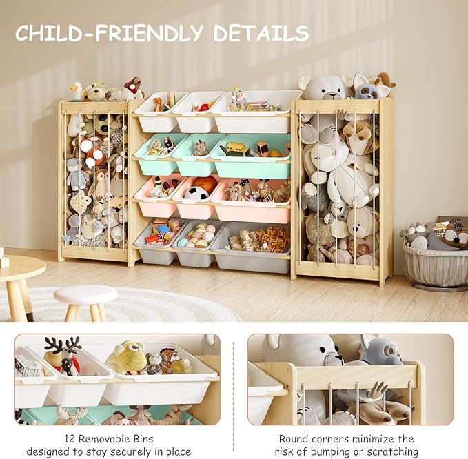 Large Toy Storage Organizer, Wooden Stuffed Animal Storage & 12-Bins Toy Organizer, Double-Sided Plush Toy Holder Featuring Thicker Ropes, Space Save Playroom Bedroom Nursery Storage, Multi