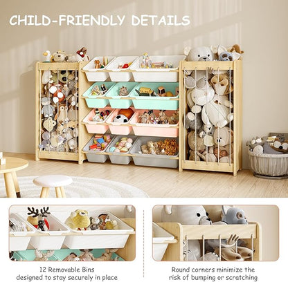 Large Toy Storage Organizer, Wooden Stuffed Animal Storage & 12-Bins Toy Organizer, Double-Sided Plush Toy Holder Featuring Thicker Ropes, Space Save Playroom Bedroom Nursery Storage, Multi