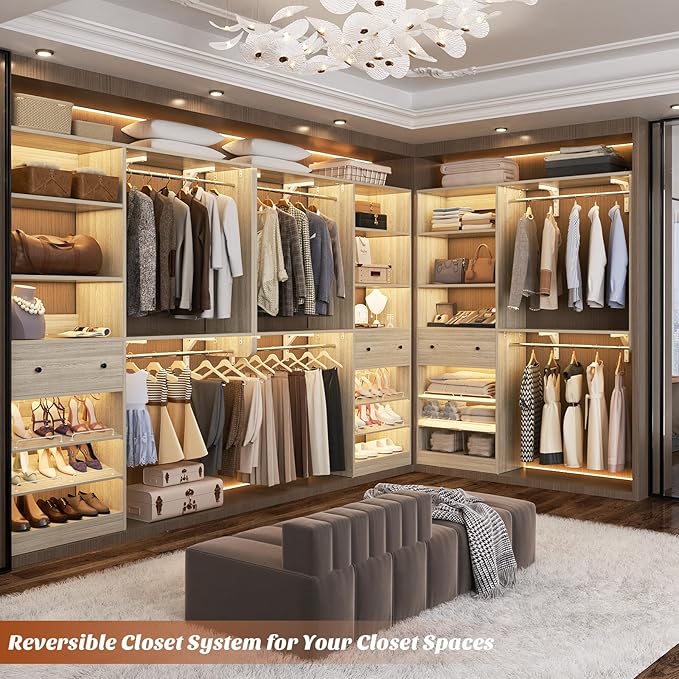 Closet System with Drawer - Reversible 5FT Wood Closet Organizer System with 2 Hanging Rods and Adjustable Shelf, Walk In Closet Organizers with Shoe Rack, Built-In Garment Rack, White Oak