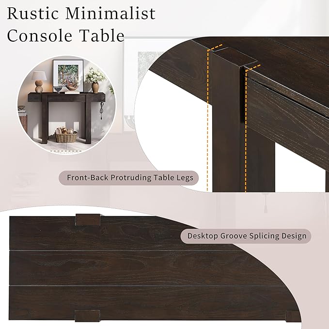 47" Rustic Minimalist Solid Wood Sofa Table Console, Modern Table with Hidden Drawer, Hallway Desk with Side Power Outlet for Entryways Living Rooms Home Offices, Espresso