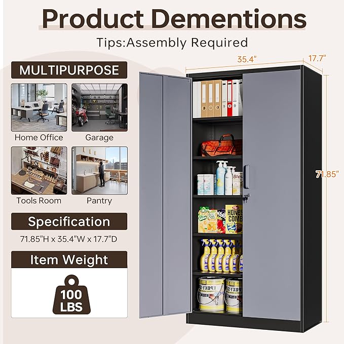 Metal Garage Cabinets, 72" Tall Locking Storage Cabinets with 2 Doors and 5 Adjustable Shelves, Steel Utility Tool Cabinet, Lockable Outdoor Storage Cabinet for Pantry, Garage, Home Office