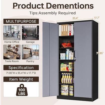 Metal Garage Cabinets, 72" Tall Locking Storage Cabinets with 2 Doors and 5 Adjustable Shelves, Steel Utility Tool Cabinet, Lockable Outdoor Storage Cabinet for Pantry, Garage, Home Office
