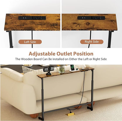 GRLEAF 39" Adjustable Height Narrow Console Table with Power Outlets, Long Sofa Table with Charging Station Behind Couch Table Skinny Entryway Table for Living Room, Hallway and Office – Rustic Brown