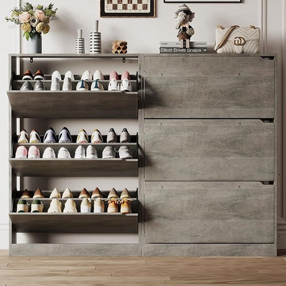 Shoe Storage Cabinet for Entryway with 3 Flip Drawers, Sturdy Wood Hidden Shoe Storage, Freestanding Narrow Slim Shoe Organizer for Front Door Entrance, Living Room, Hallway, Bedroom, Grey