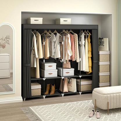 Portable Closet Wardrobe, 67-Inch Clothes Organizer with 4 Hanging Rods and 8 Shelves, Non-Woven Fabric Cover, Large Capacity Storage for Bedroom and Living Room, Black